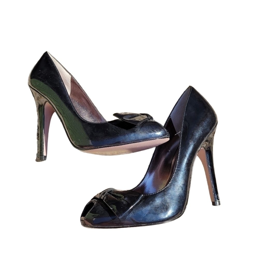 PARIS Hilton peep toe Heels with bow in patent black leather size 8 - Picture 11 of 16